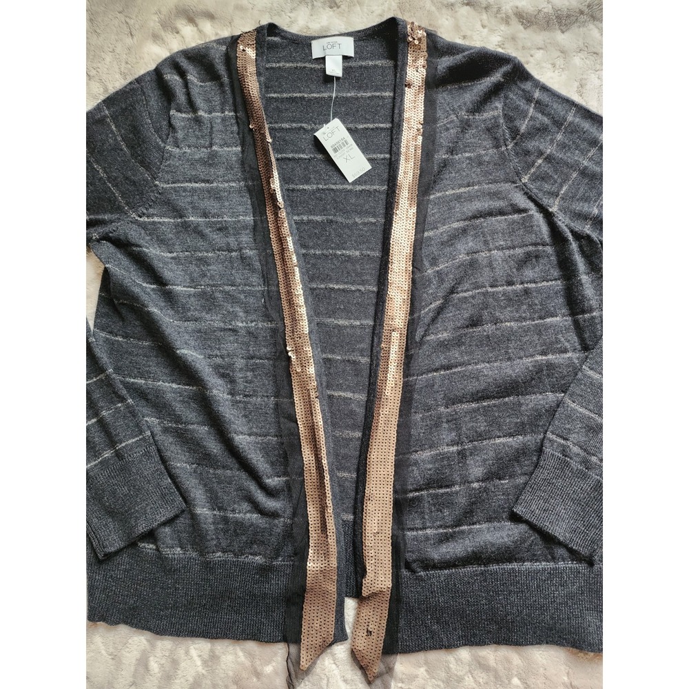 LOFT Ann Taylor Gray Sequin Trim Cardigan Sweater Womens XL Open Front Striped